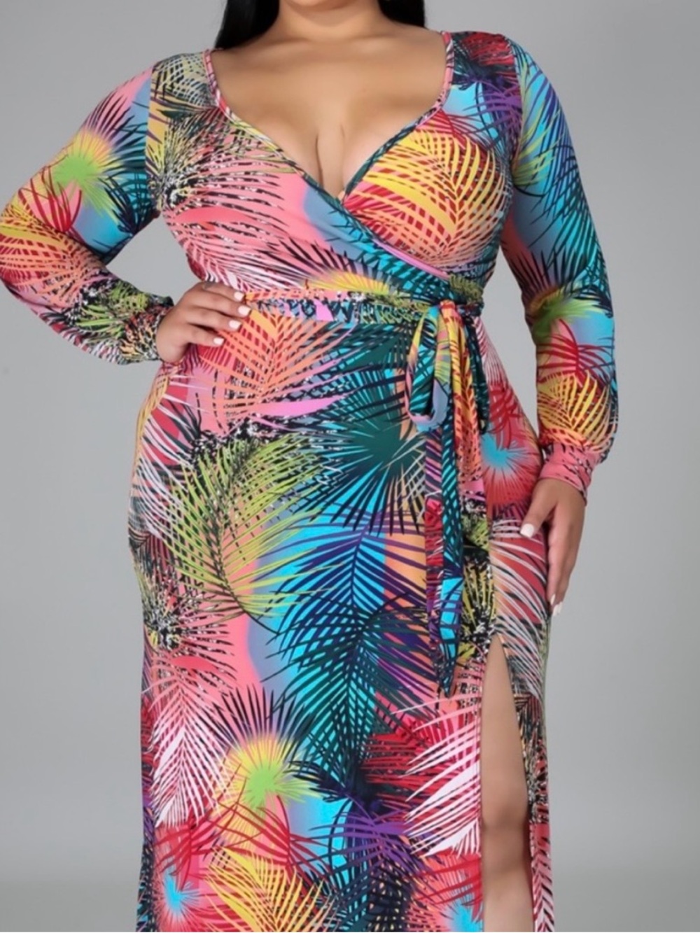 🌴 Tropical Palm Print Long Sleeve Wrap Maxi Dress 🌴